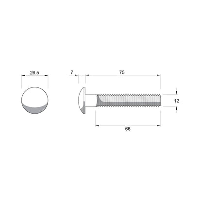 Zenith Cup Head Bolts - M12 x 75mm - Stainless Steel 304 - 12 Pack