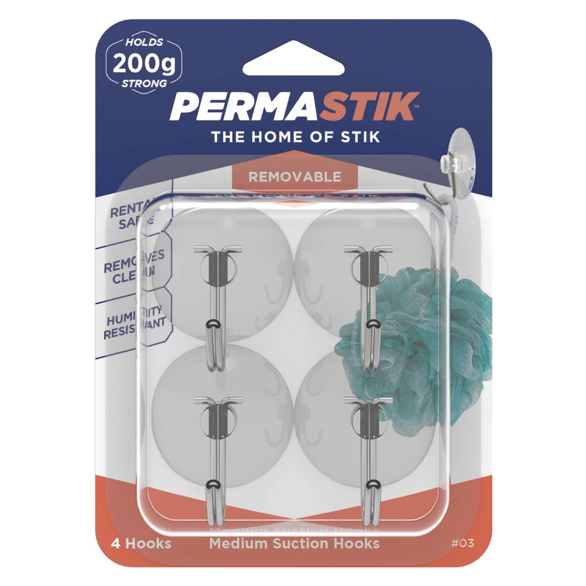 Permastik Medium Suction Hooks - 4 Pack - Clear Plastic - Rental Safe