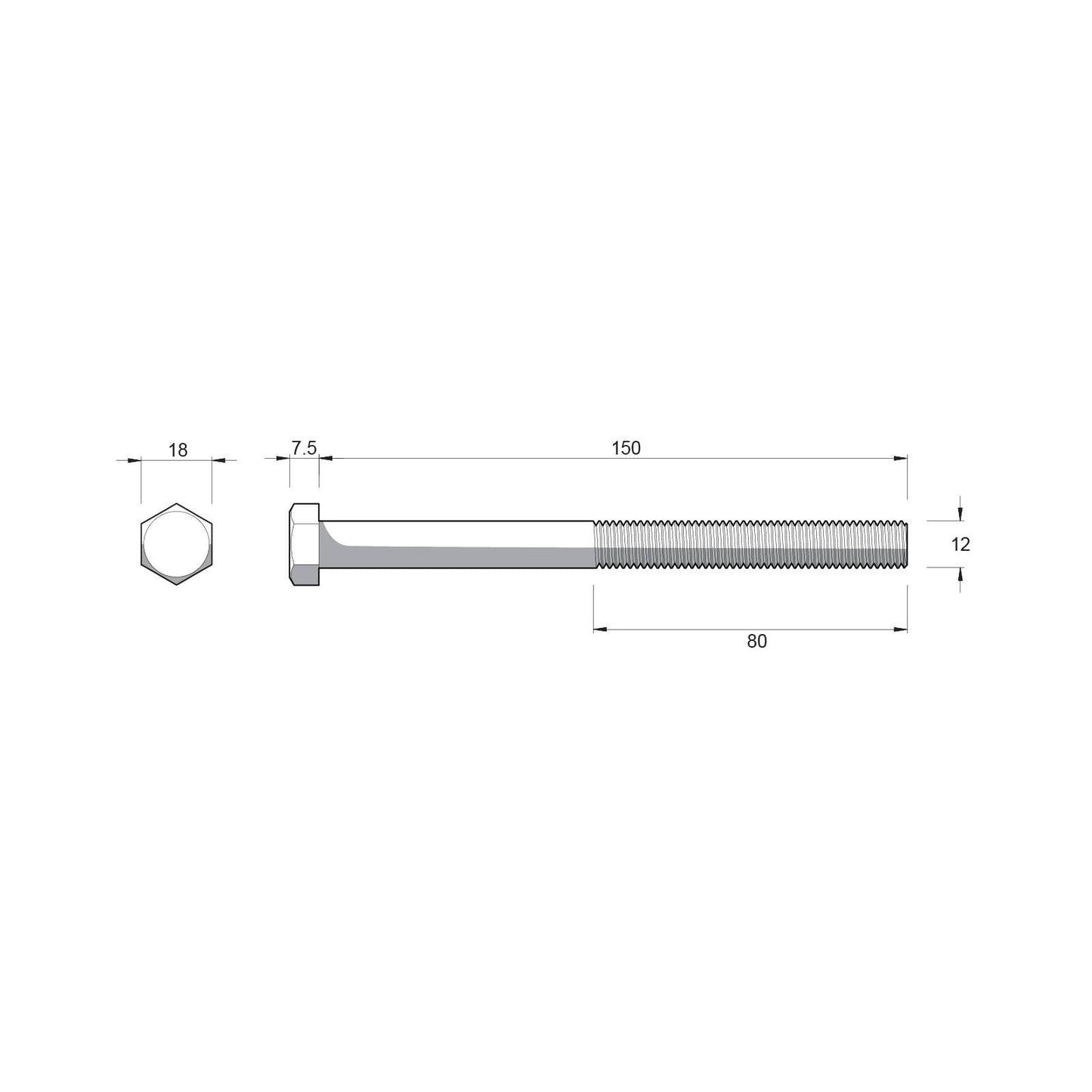 Zenith Hot Dip Galvanised Hex Head Bolts - M12 x 150mm - 12 Pack