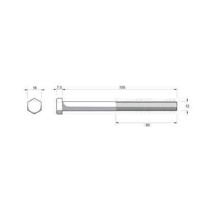 Zenith Hot Dip Galvanised Hex Head Bolts - M12 x 150mm - 12 Pack