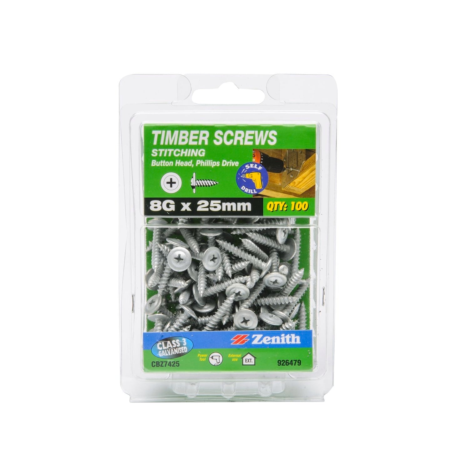 Zenith Timber Screws - 8g x 25mm - Galvanised Button Head - 100 Pack