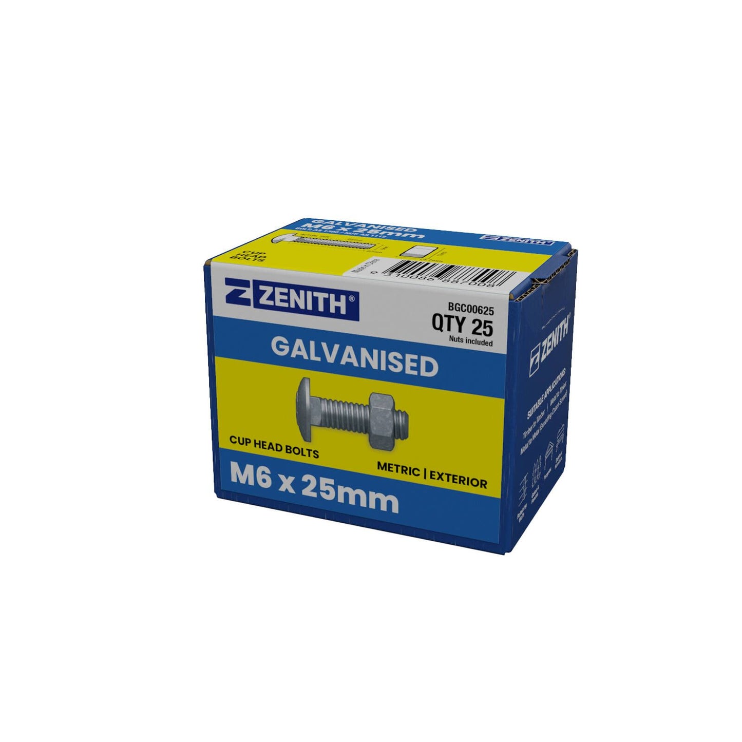 Zenith M6 x 25mm - Hot Dip Galvanised Cup Head Bolts & Nuts - 25 Pack