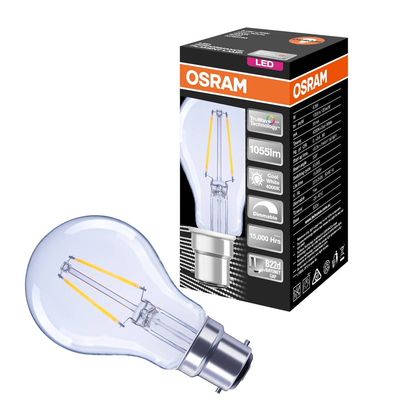 Osram BC LED Filament Globe - 8.5W - Cool White - Dimmable