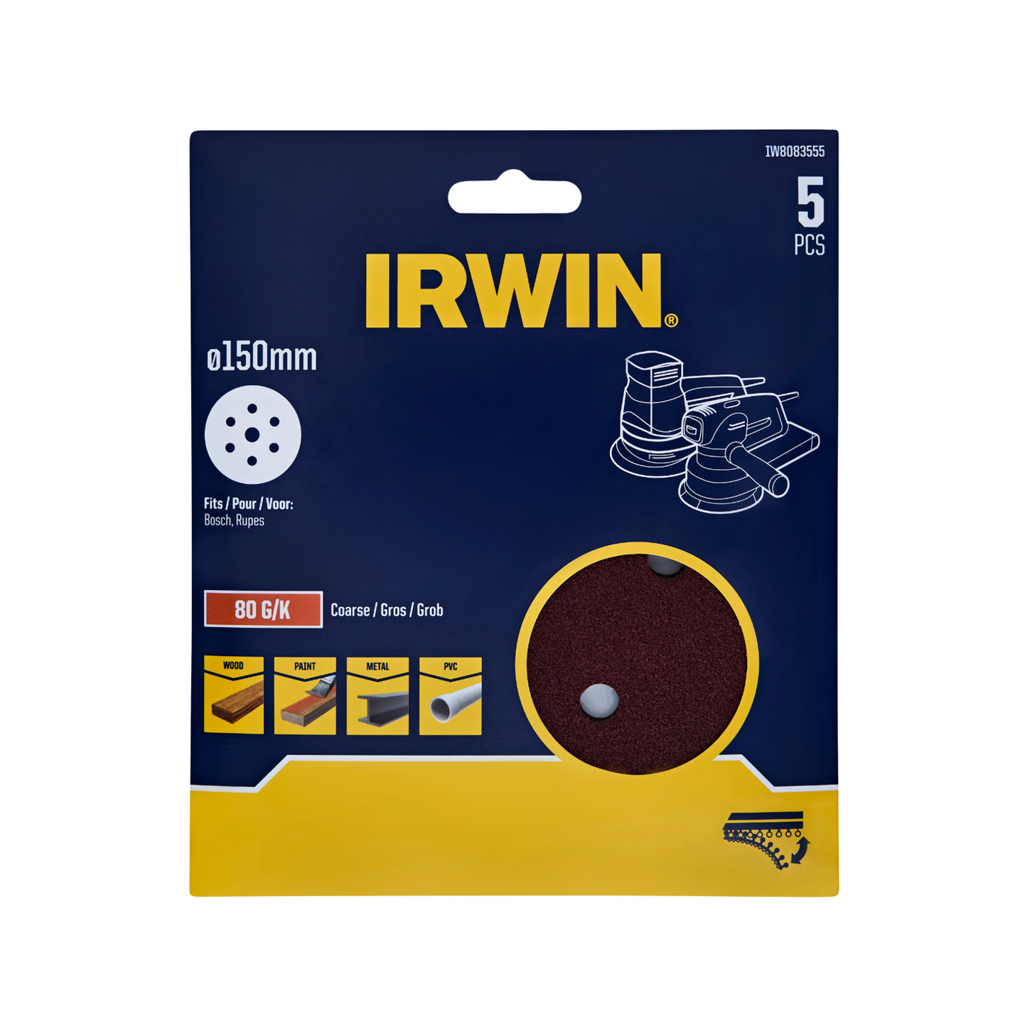 Irwin Quick Fit Random Orbital Sanding Discs - 150mm - 80 Grit - 5 Pack