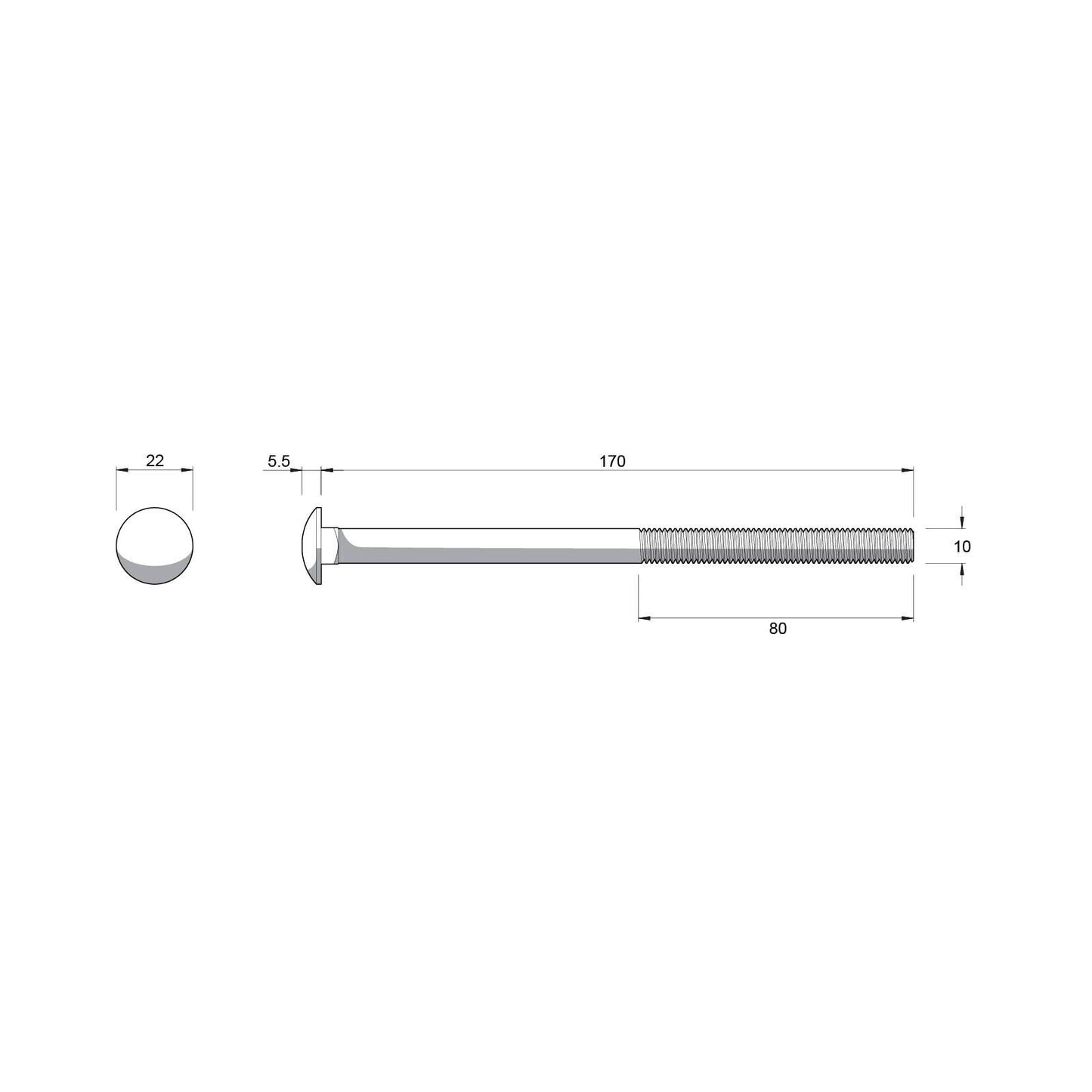 Zenith Cup Head Bolt - M10 x 170mm - Hot Dipped Galvanised
