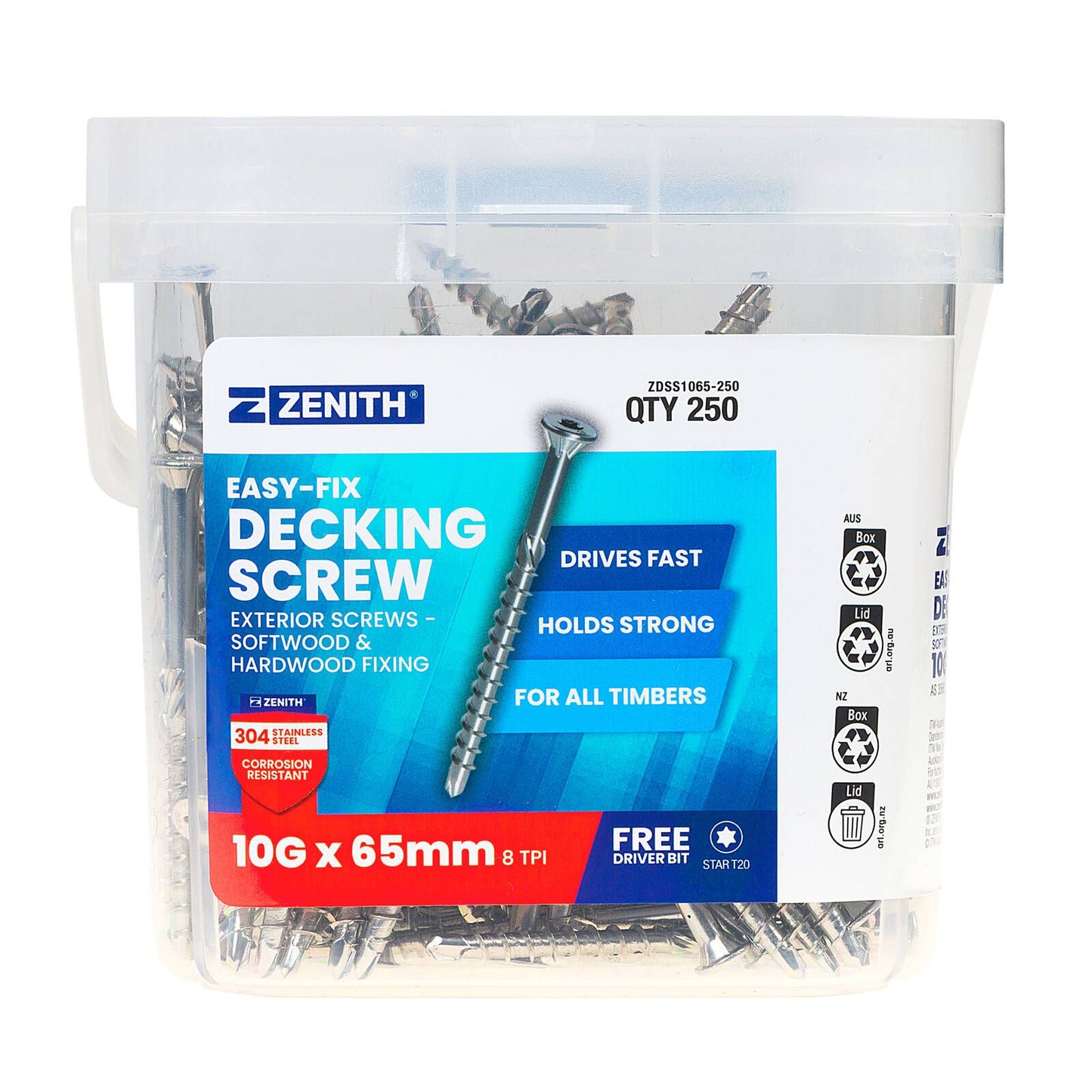 Zenith Easy Fix Decking Screw - T20 10g x 65mm SS304 - 250 Pack