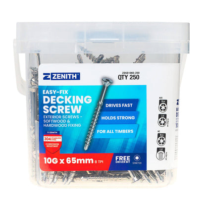 Zenith Easy Fix Decking Screw - T20 10g x 65mm SS304 - 250 Pack