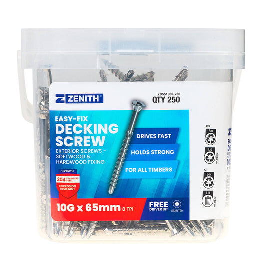 Zenith Easy Fix Decking Screw - T20 10g x 65mm SS304 - 250 Pack
