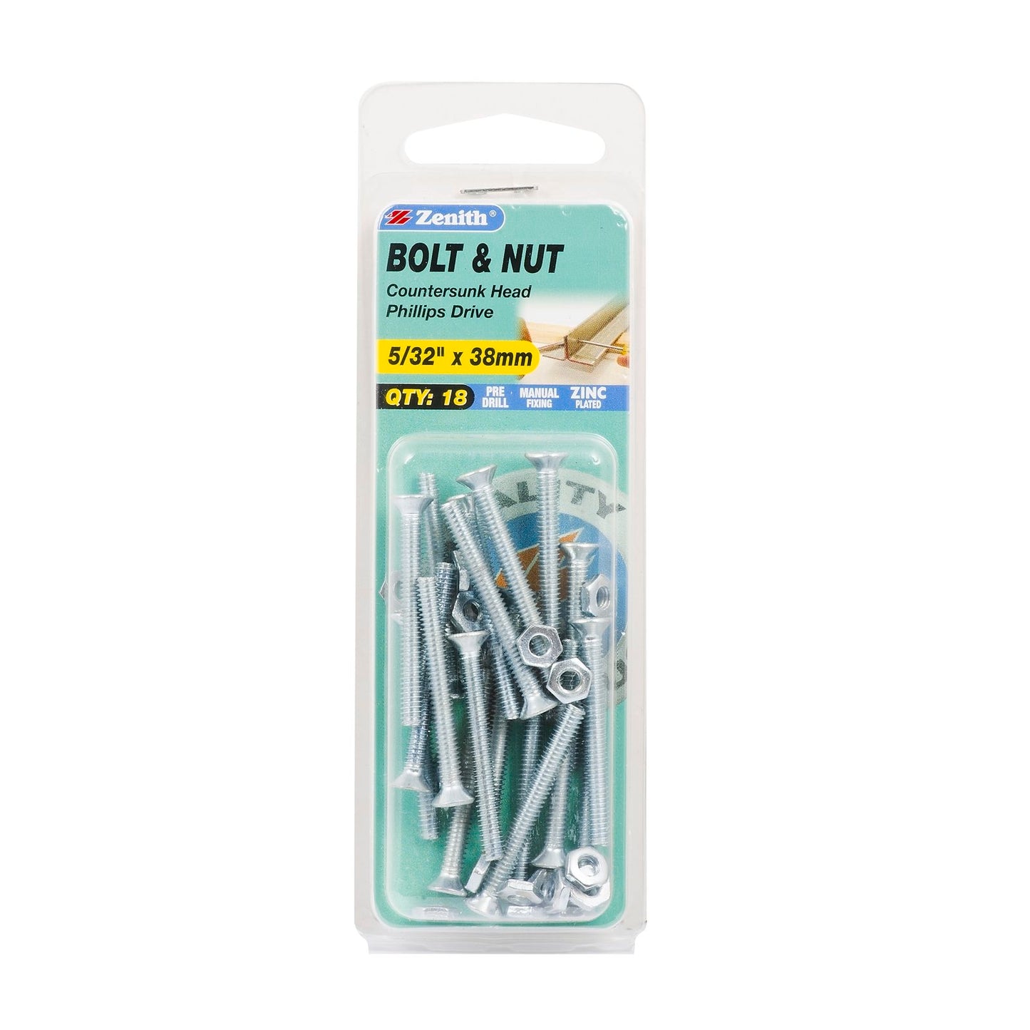 Zenith Countersunk Bolt & Nut - 5/32 x 38mm - 18 Pack