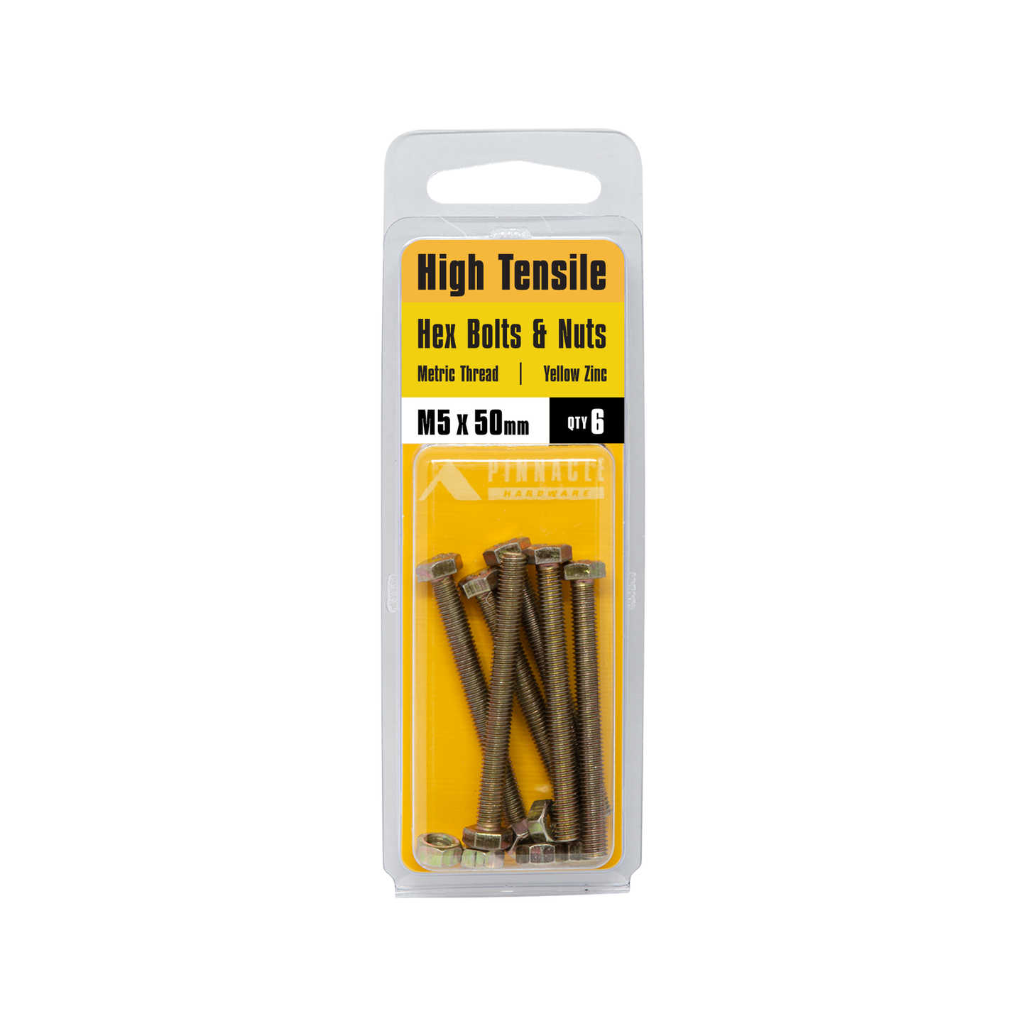 Pinnacle Hi Tensile Bolt and Nut - 5 x 50mm - Yellow - 6 Pack