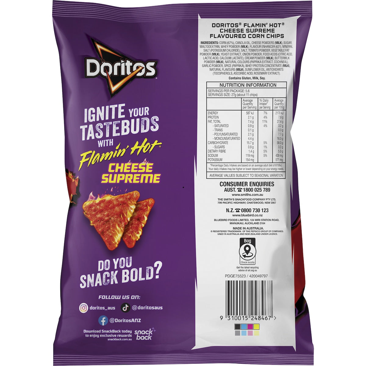 Doritos Corn Chips Share Pack Flaming Hot Cheese Supreme 150g