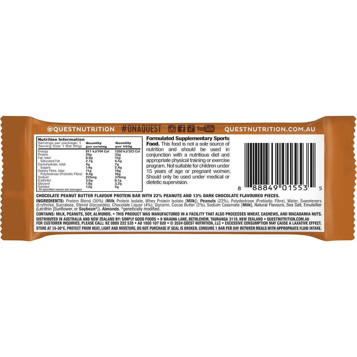 Quest Protein Bar Chocolate Peanut Butter 60g