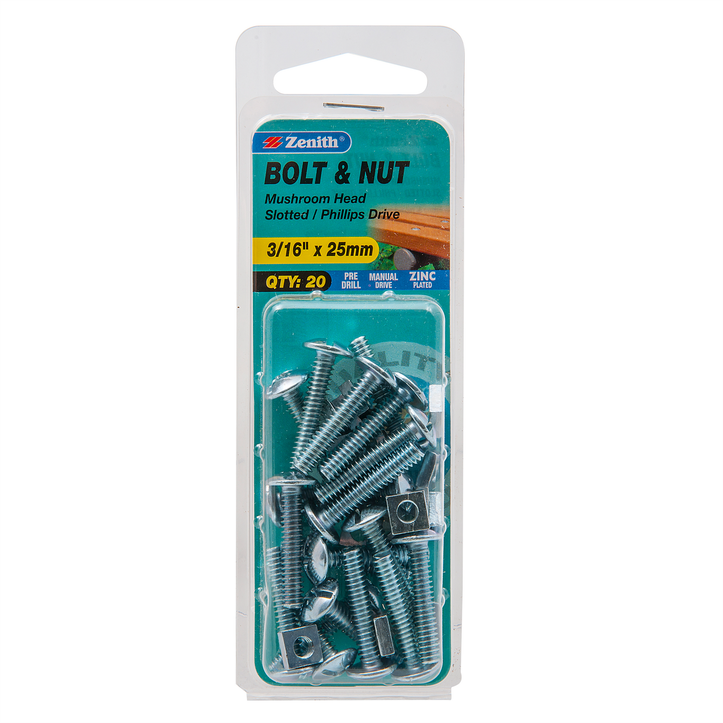 Zenith Mushroom Head Bolt & Nut - 3/16 x 25mm - 20 Pack