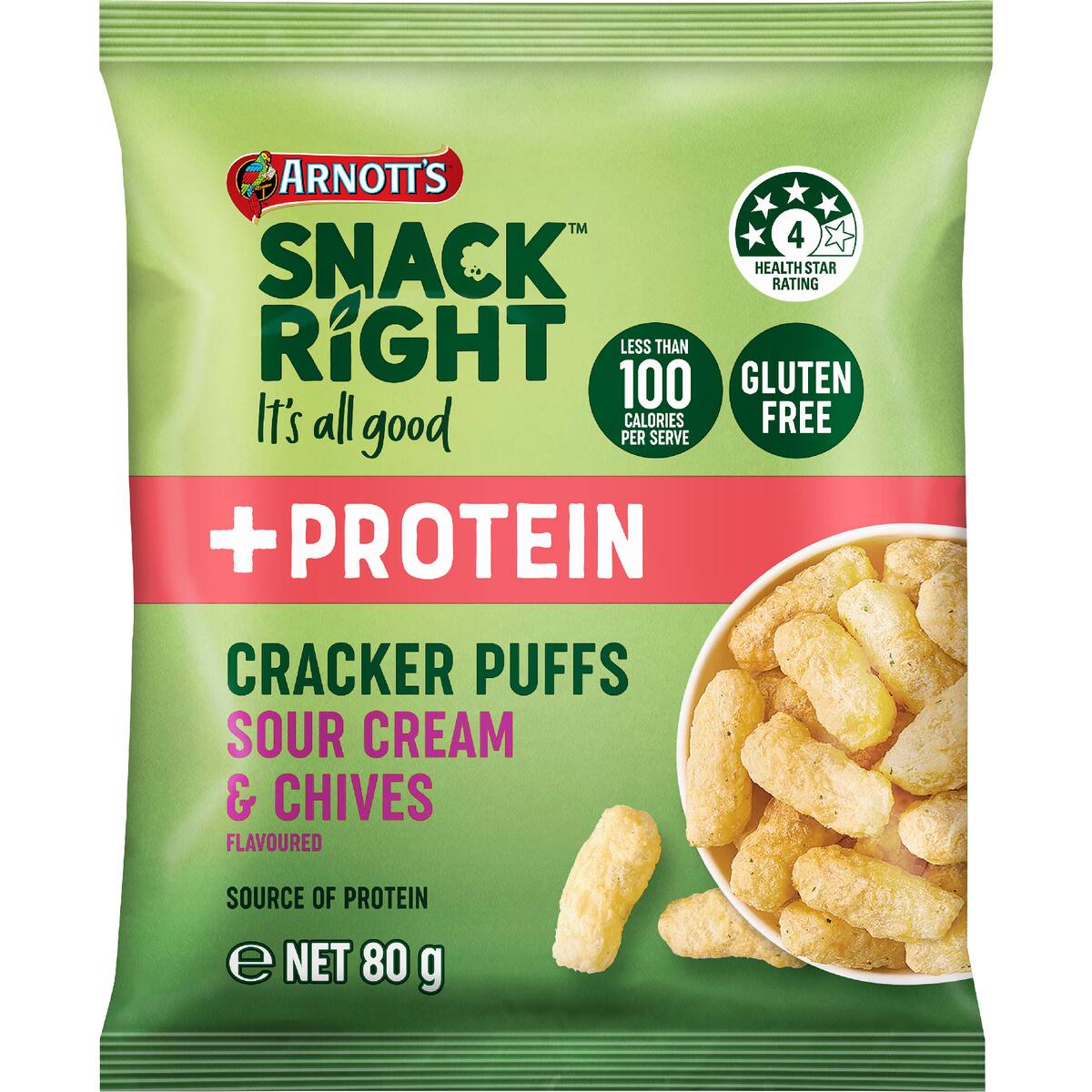 Arnott's Snack Right + Protein Cracker Puffs Sour Cream & Chives 80g