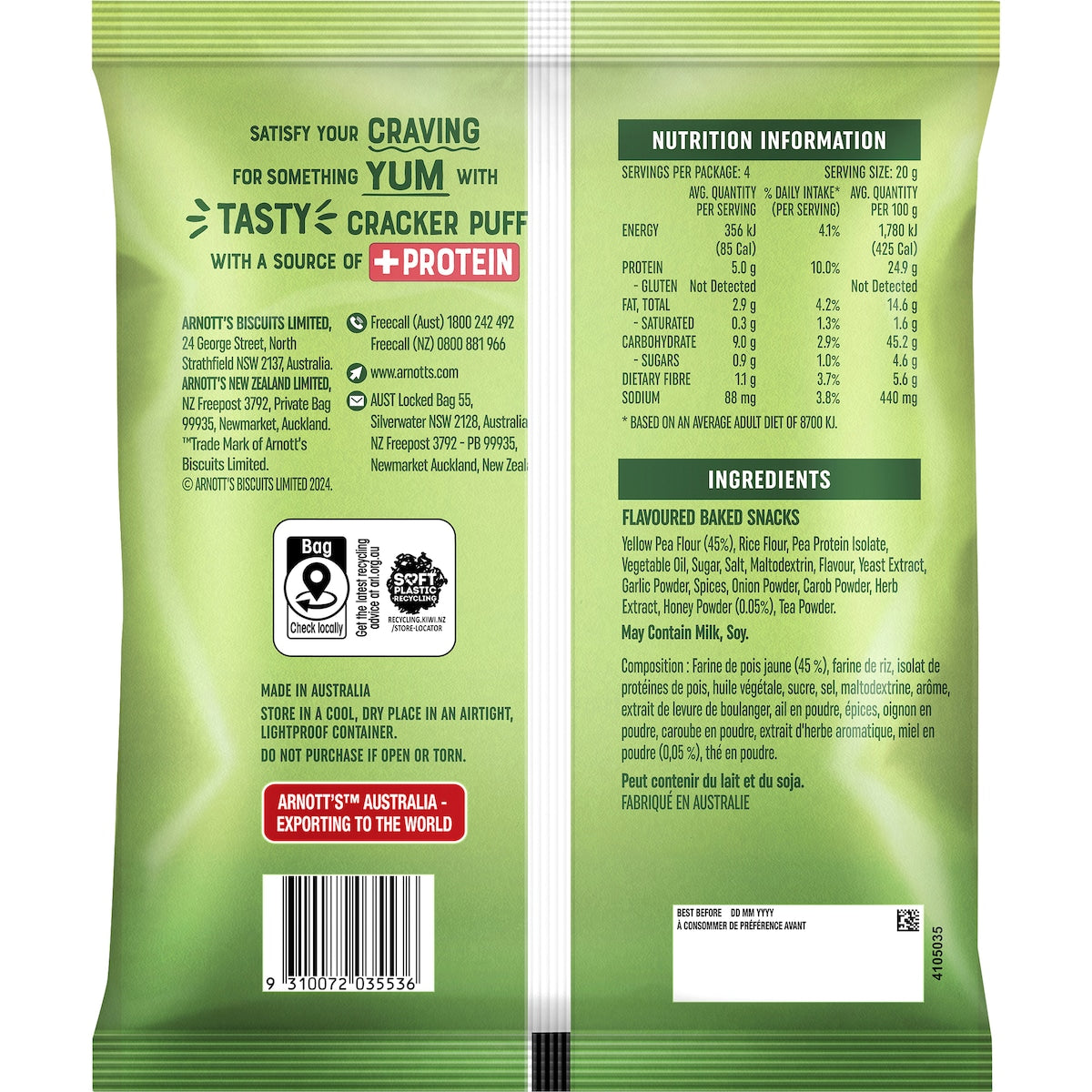 Arnotts Snack Right Cracker Puffs Honey Bbq 80g