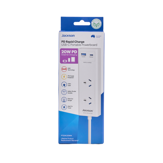 Jackson Portable Powerboard - 2 Outlet - 0.9m - PD 20W - White