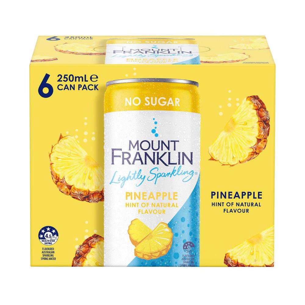 Mount Franklin Lightly Sparkling Water Pineapple Multipack Mini Cans 250ml - 6 Pack