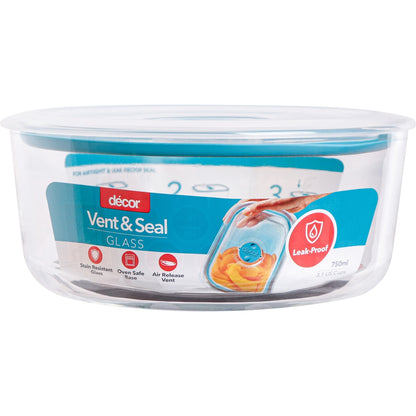 Decor Vent & Seal Glass Container Round 750ml Each