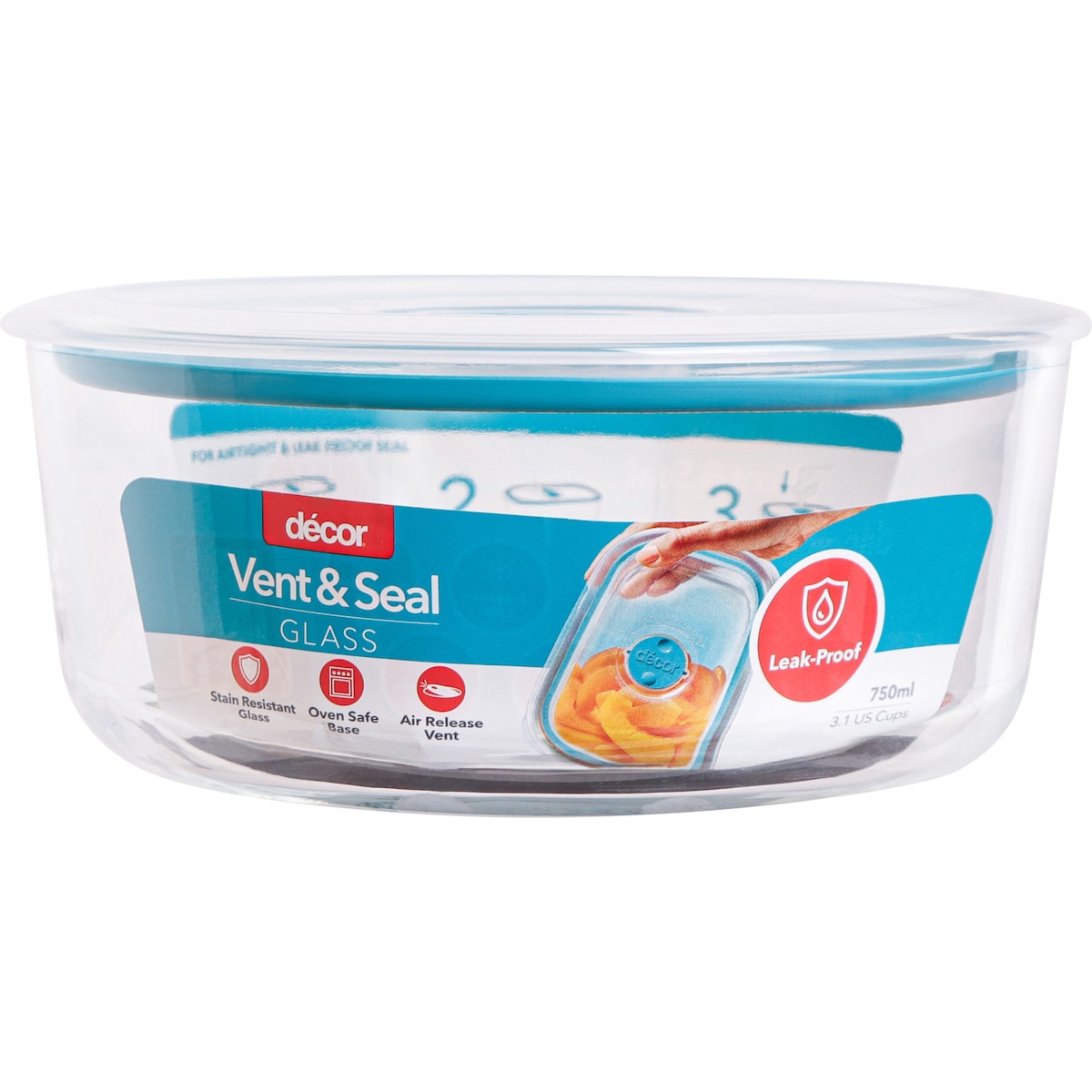 Decor Vent & Seal Glass Container Round 750ml Each