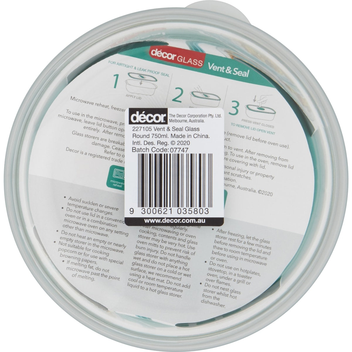 Decor Vent & Seal Glass Container Round 750ml Each