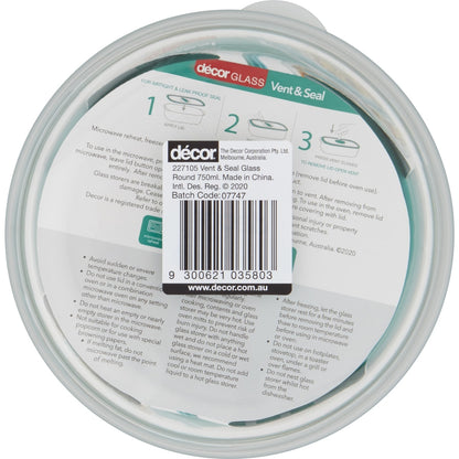 Decor Vent & Seal Glass Container Round 750ml Each