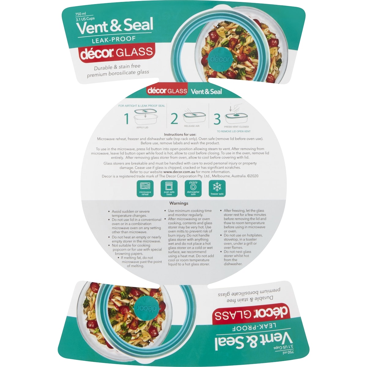 Decor Vent & Seal Glass Container Round 750ml Each