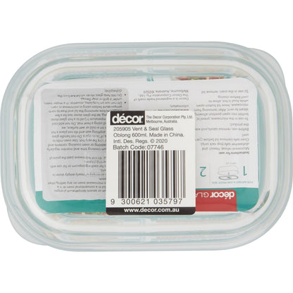 Decor Vent & Seal Glass Container Oblong 600ml Each