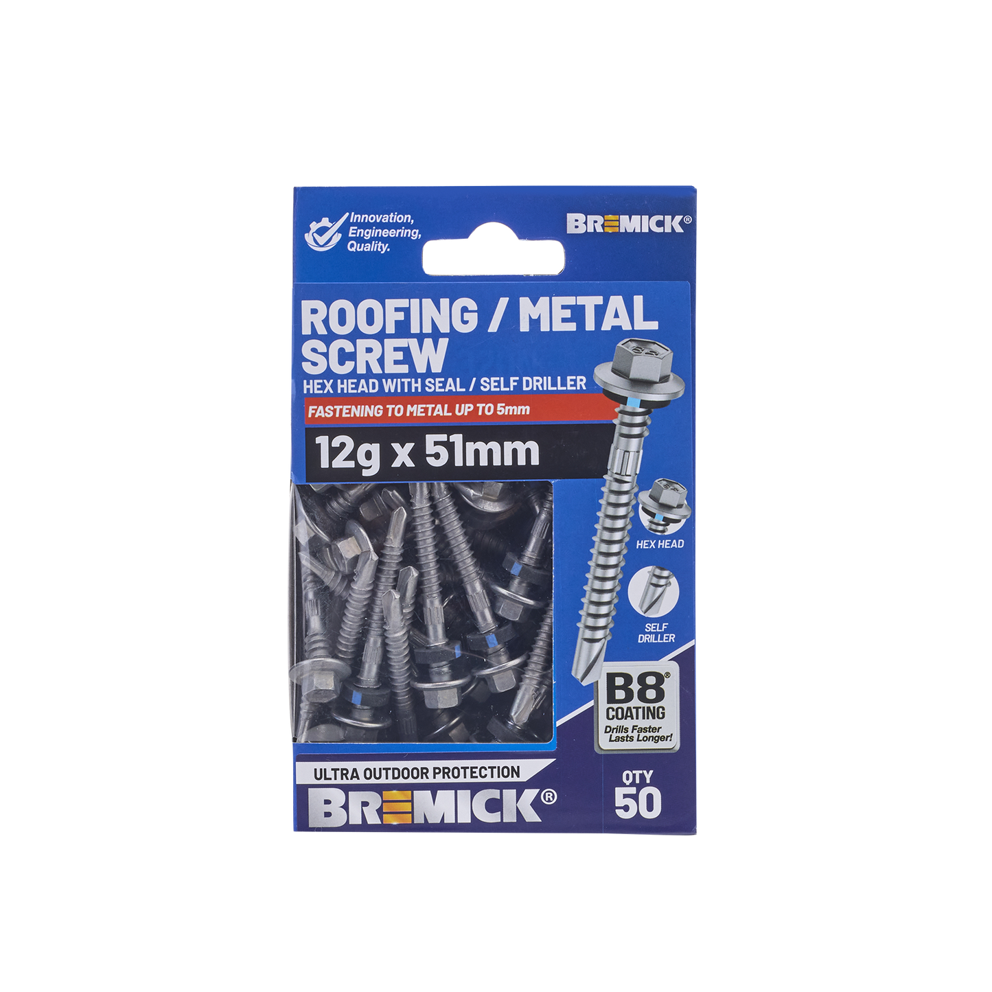 Bremick Hex Roofing Screw - 12g x 51mm - 50 Pack