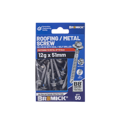 Bremick Hex Roofing Screw - 12g x 51mm - 50 Pack
