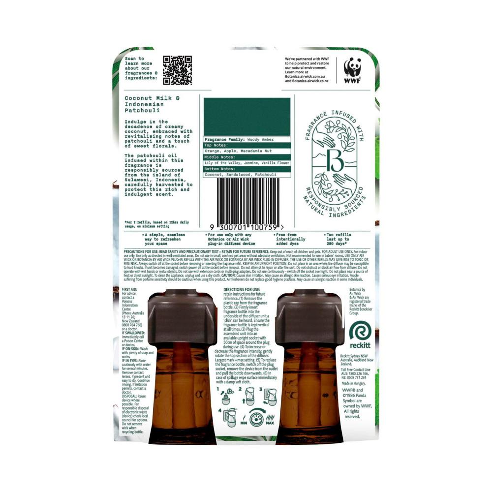Botanica By Air Wick Plug-in Diffuser Refill Coconut Milk & Indonesian Patchouli 2x22ml - 44mL