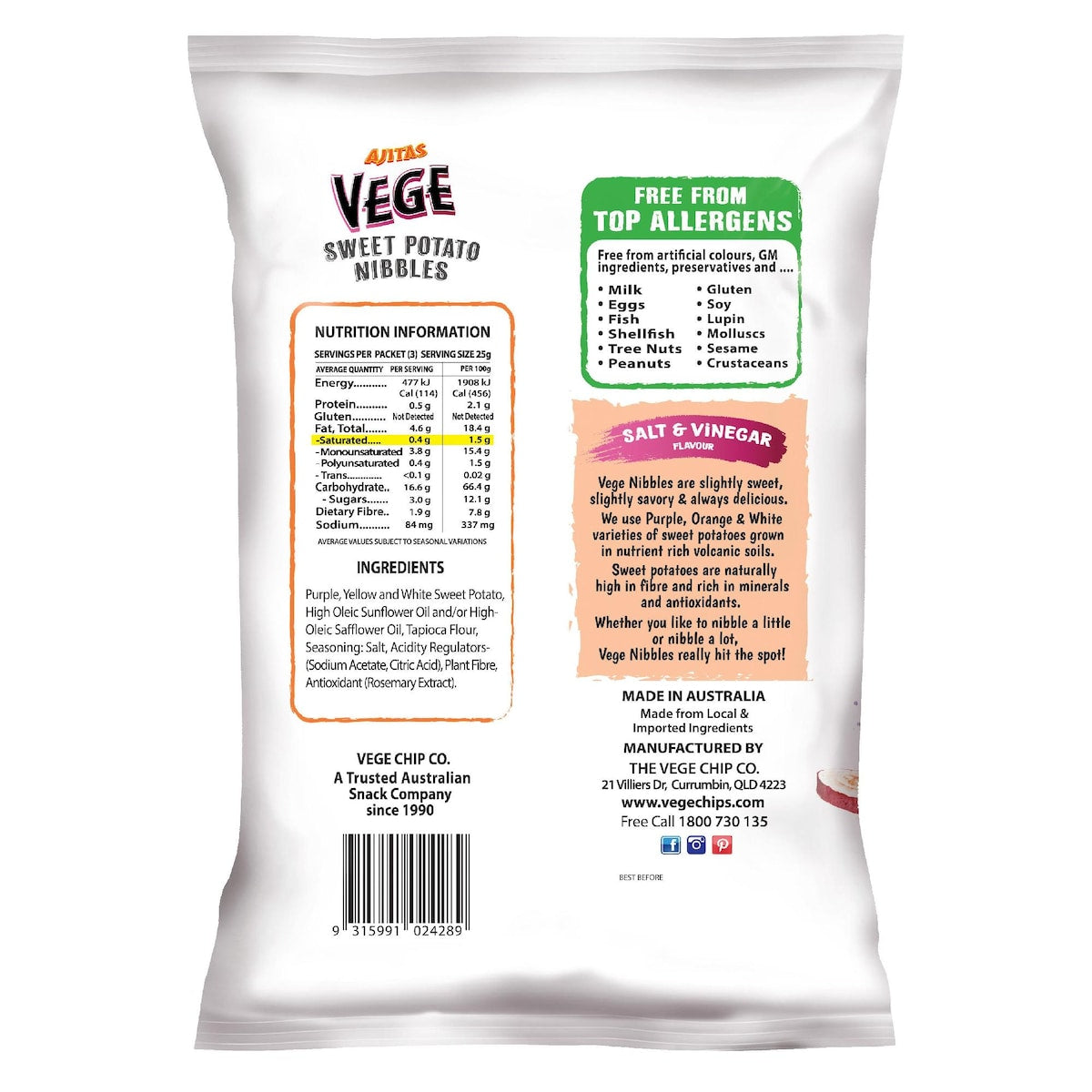 Vege Chips Sweet Potato Nibbles Salt & Vinegar Flavour 75g