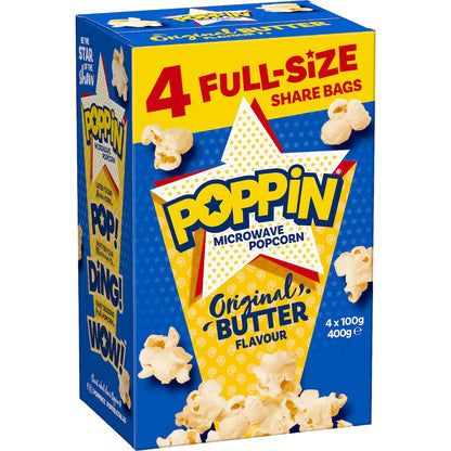 Poppin Microwave Popcorn Butter Flavour 100g X 4 Pack