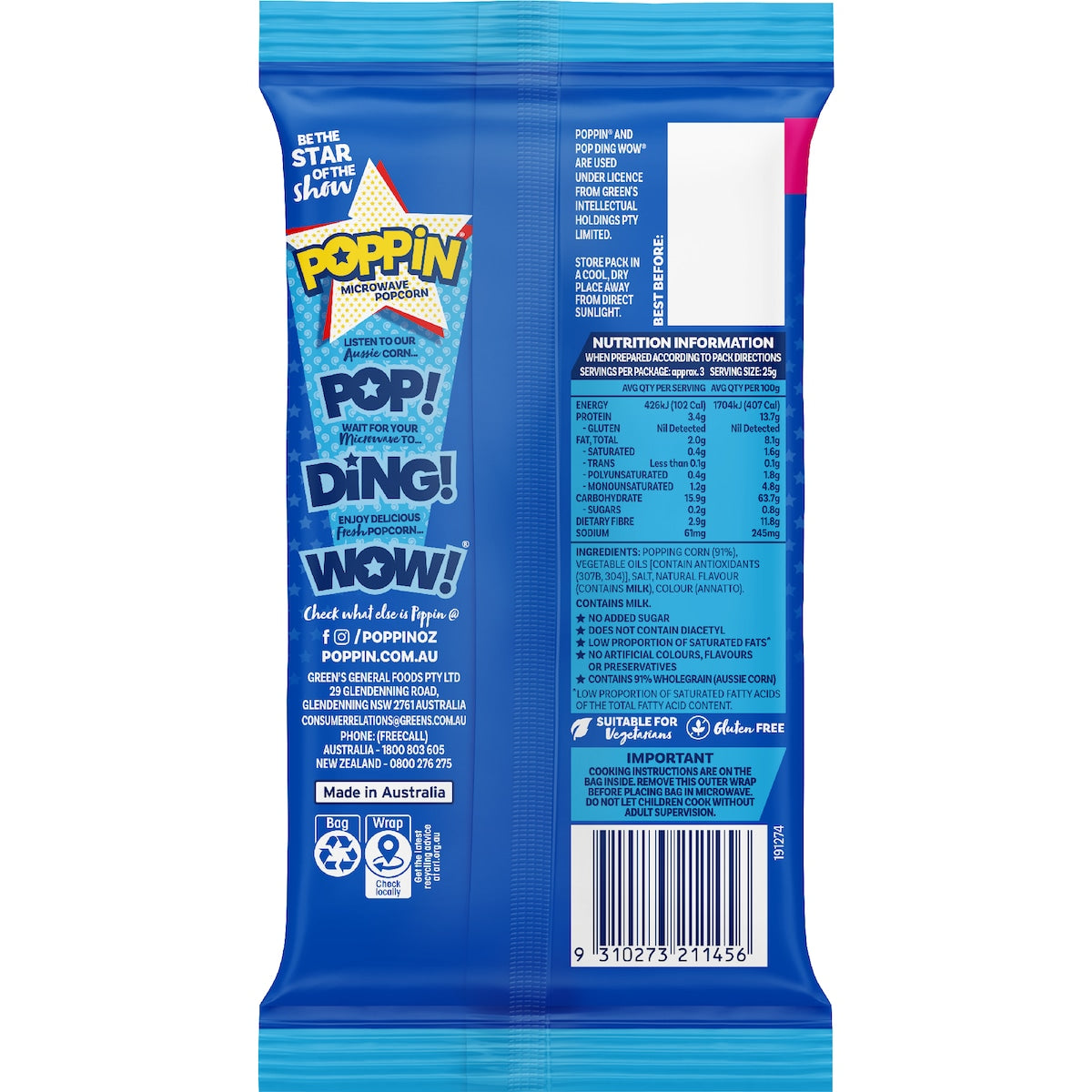 Poppin Microwave Popcorn Lite Butter Flavour 85g