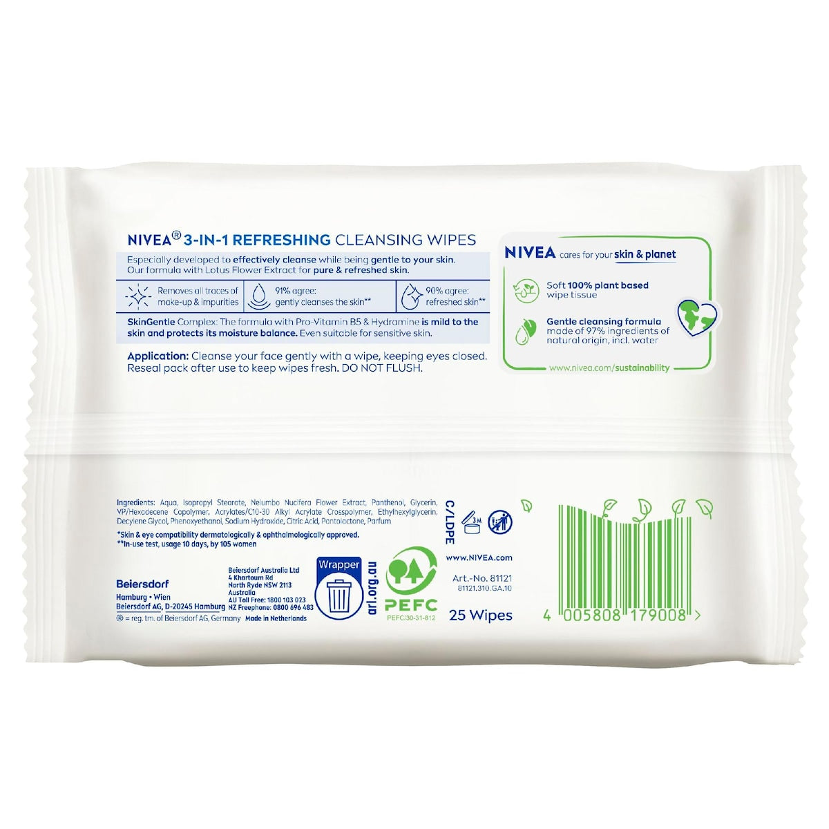 Nivea Refreshing Biodegradable Face Cleansing Makeup Wipes 25 Pack