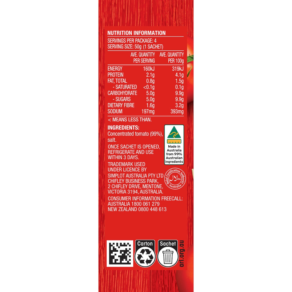 Leggos Australian Grown Tomato Paste Triple Concentrate Sachet 50g X 4 Pack