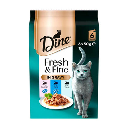 Dine Fresh & Fine Chunks In Gravy With Salmon Tuna & Trout Cat Food Pouch 6x50g - 6 Pack