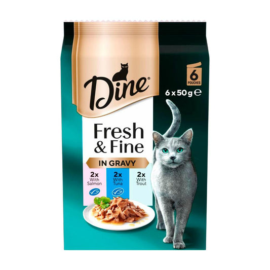 Dine Fresh & Fine Chunks In Gravy With Salmon Tuna & Trout Cat Food Pouch 6x50g - 6 Pack