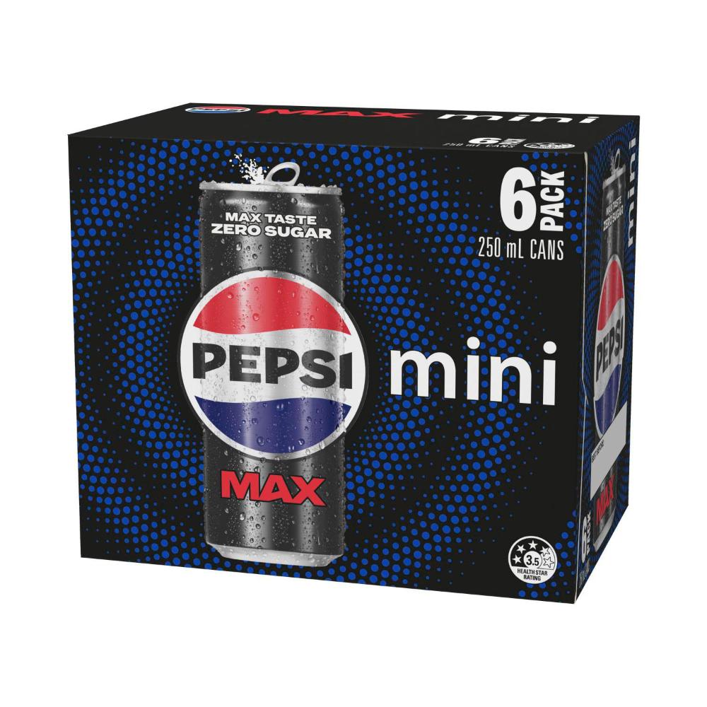 Pepsi Max Soft Drink Zero Sugar Mini Cans 6x250ml - 6 Pack