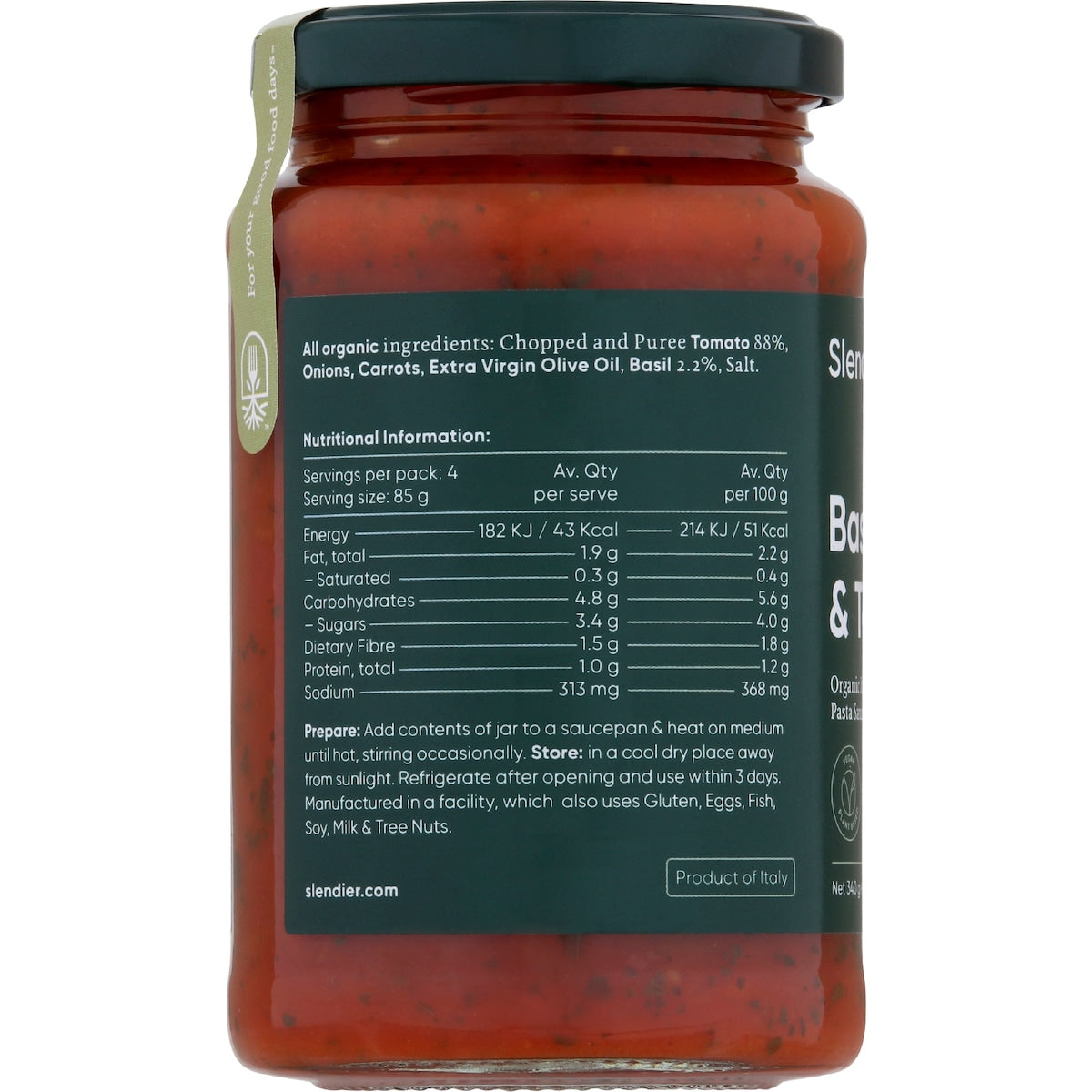 Slendier Basil & Tomato Pasta Sauce 340g