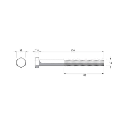Zenith M12 x 130mm - Hot Dip Galvanised Hex Head Bolts & Nuts