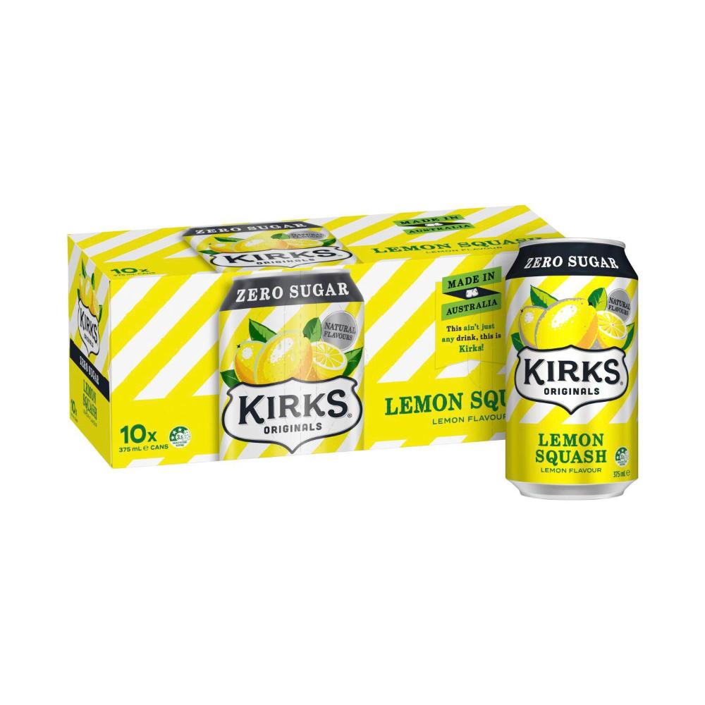 Kirks Lemon Squash Zero Sugar Soft Drink Multipack Cans 375ml - 10 Pack