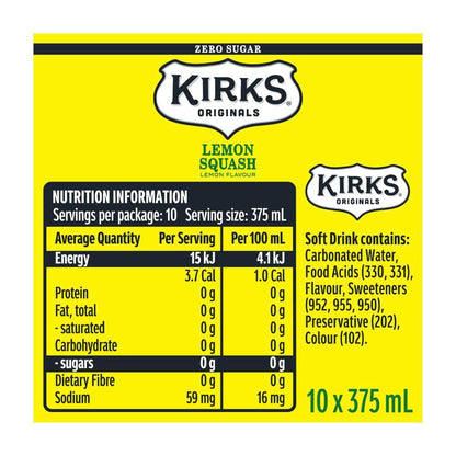 Kirks Sugar Free Lemon Soft Drink 10x375mL