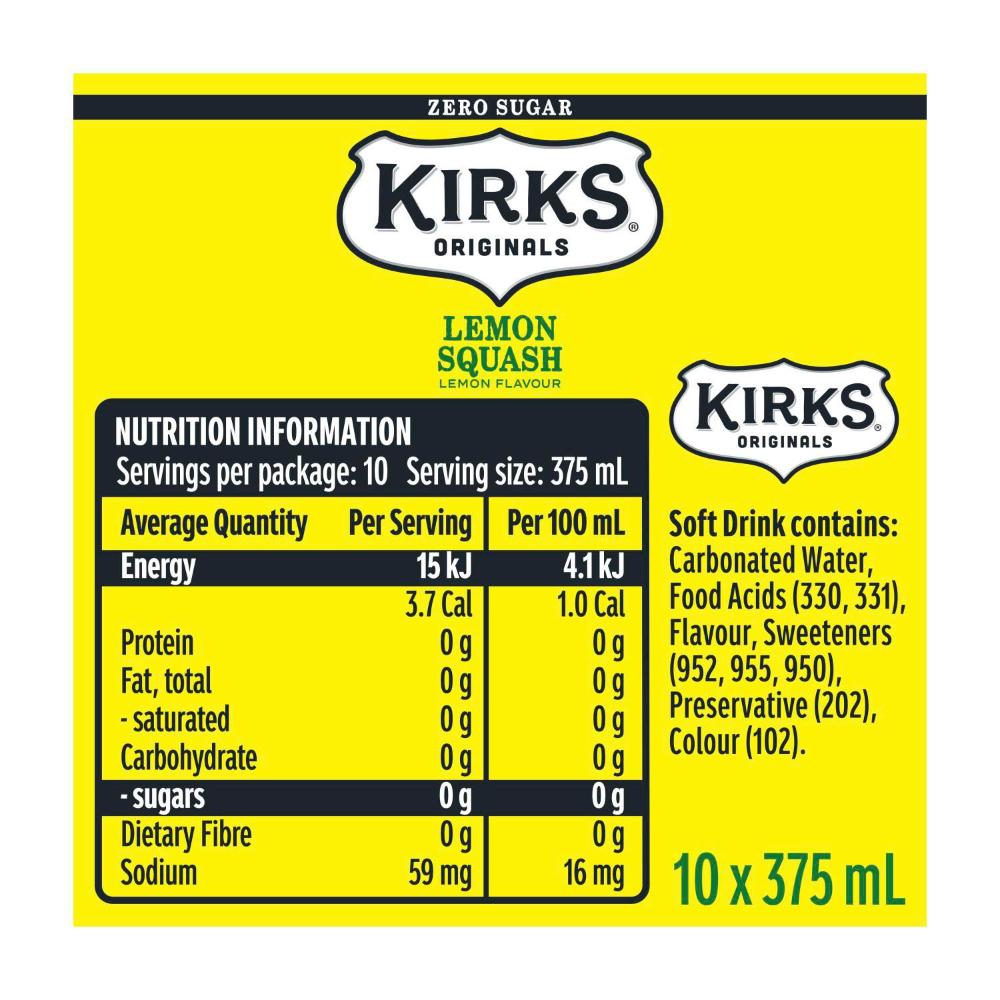 Kirks Lemon Squash Zero Sugar Soft Drink Multipack Cans 375ml - 10 Pack
