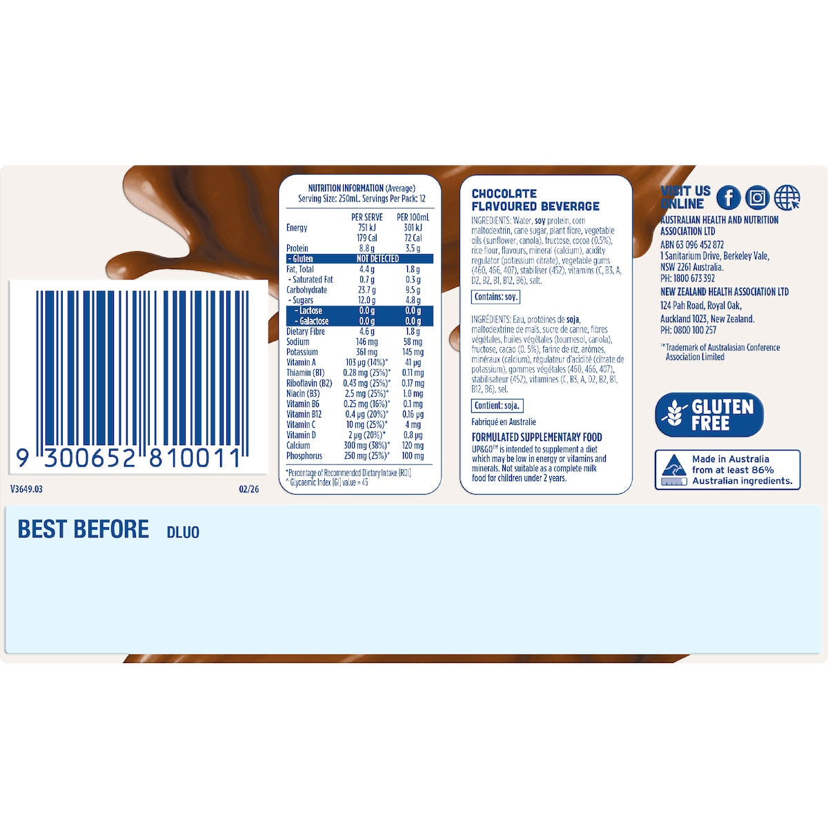 Up&go Dairy Free Liquid Breakfast Choc Ice 250ml X 12 Pack