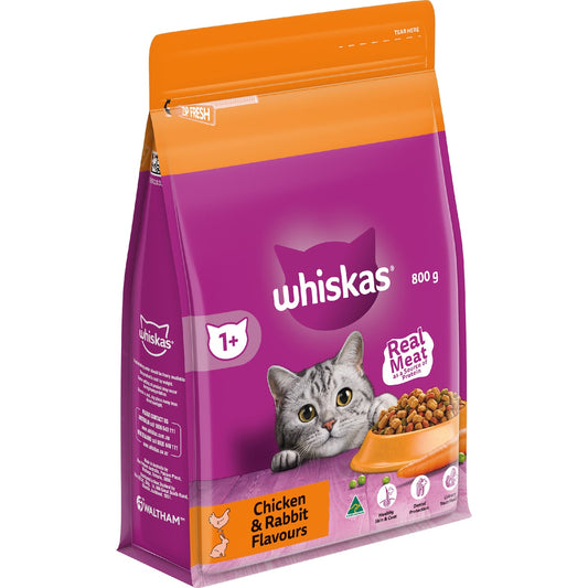 Whiskas Adult 1+ Years Dry Cat Food Chicken & Rabbit Flavours 800g