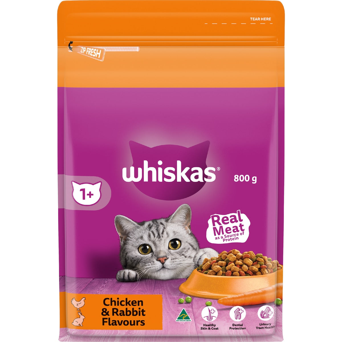 Whiskas Adult 1+ Years Dry Cat Food Chicken & Rabbit Flavours 800g