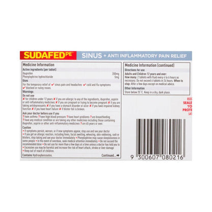 Sudafed Pe Sinus Pain Relief + Anti Inflammatory Double Action Tablets - 20 pack