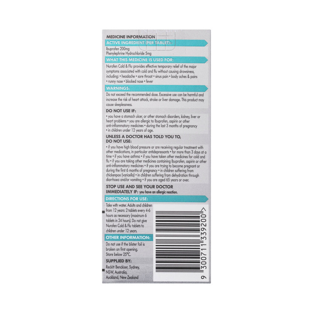 Nurofen Cold & Flu Ibuprofen 200mg Tablets - 24 pack