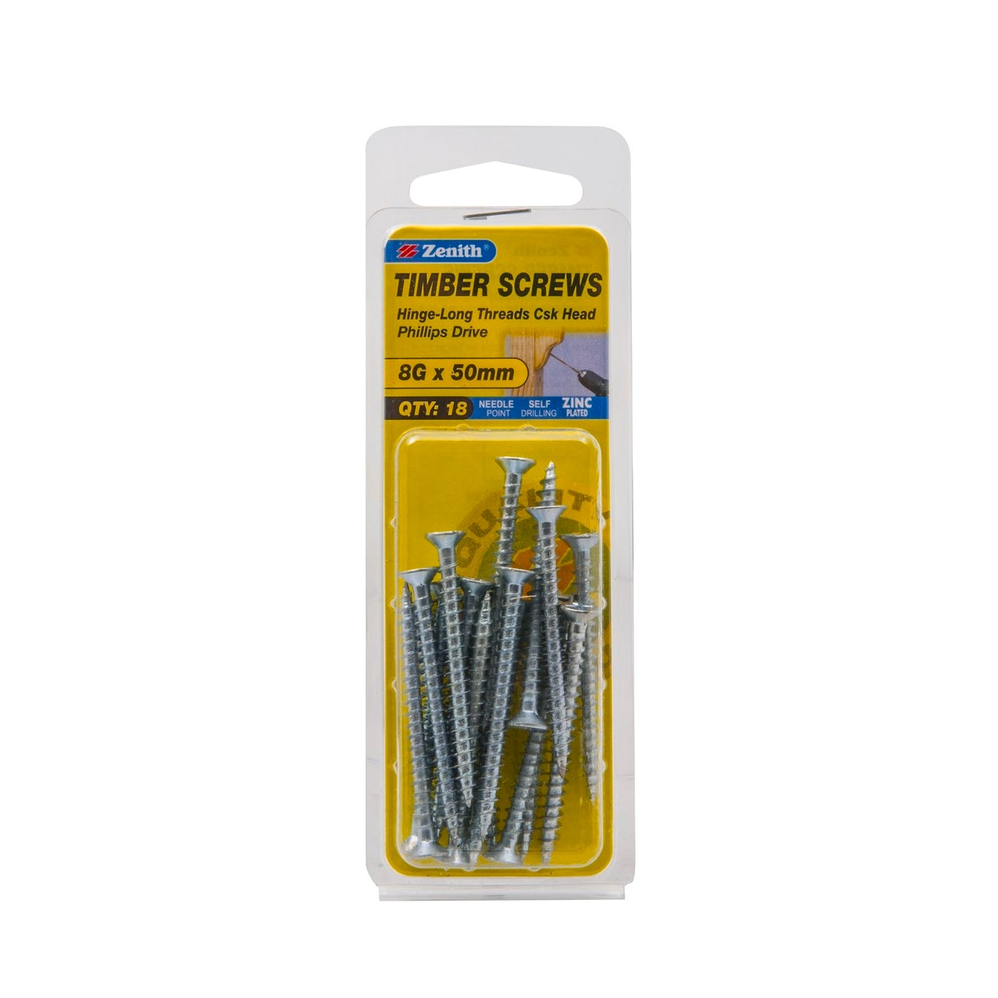 Zenith Hinge Long Thread Screw - 8g x 50mm - Zinc - 18 Pack