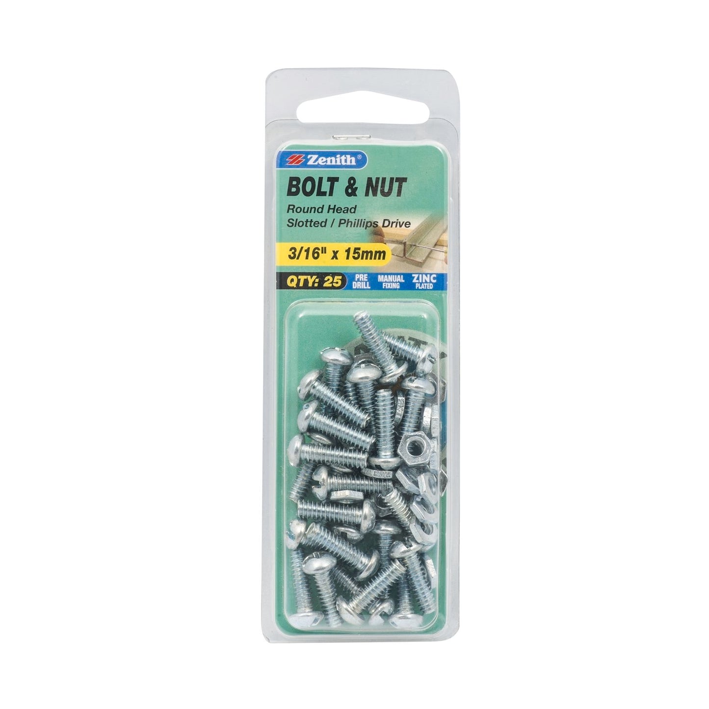 Zenith Round Head Bolt & Nut - 3/16 x 15mm - 25 Pack